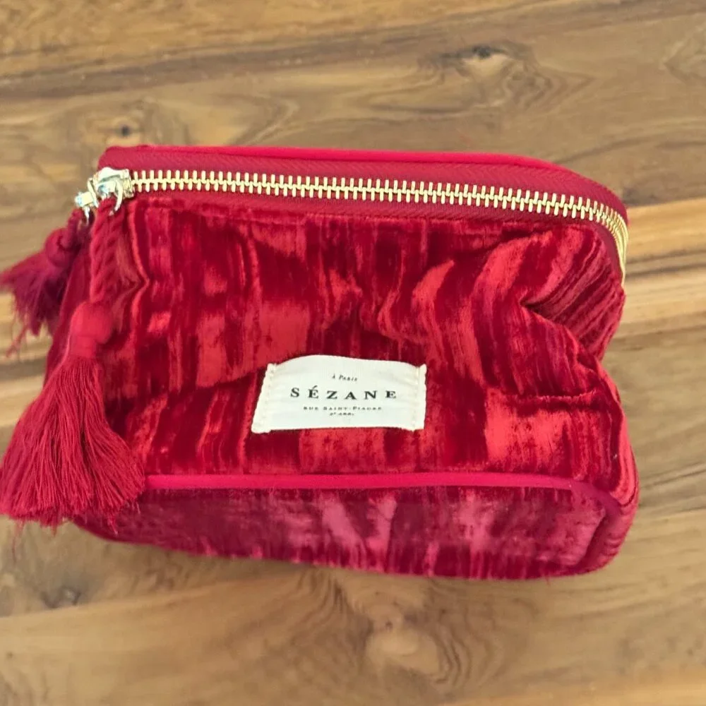Sezane Lifestyle Crimson Velvet Vanity Case with Tassel and soft handle
